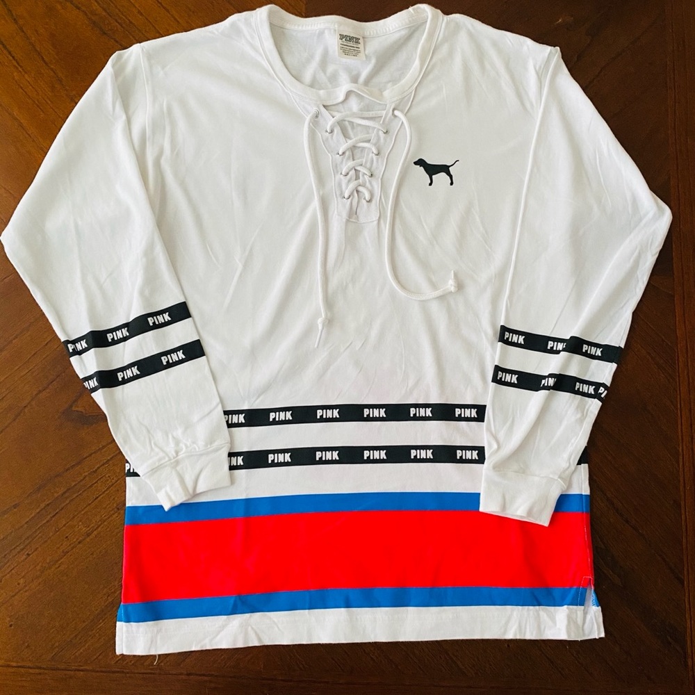 PINK Victoria's Secret White Lace-Up Long Sleeve Top with Red & Blue Stripes